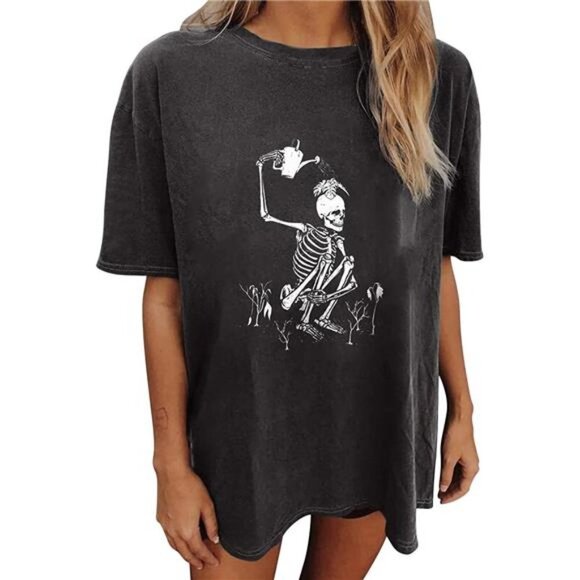 Boho‎ Skeleton Graphic Printed Oversized T Shirt Goth Skull Short Sleeve Tee Top - Picture 3 of 6